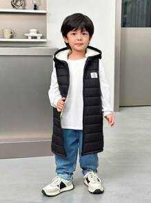 SHEIN 1pc Boys Casual Cute Daily Comfortable Versatile Warm Black Long Hooded Padded Coat, Suitable For Outings, School, Gatherings, Autumn & Winter - Multicolor - View 7