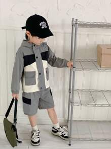 SHEIN 2pcs/Set Young Boys' Casual Hooded Long Sleeve Patchwork Work Jacket&Belted Work Pocket Shorts Suit,Comfortable Breathable For Daily Wear,Autumn - Grey - View 5
