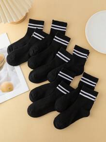 10pairs Kids Black & White Double Stripe Cotton Mesh Breathable Absorbent Sports Socks For School, Football, Basketball - Black - View 3