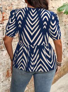 Flirla Plus Size Sawtooth Pattern Printed Lace-Up Neck Ruffle Hem Short Sleeve Shirt - Navy Blue - View 2