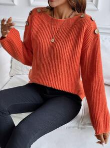Chiquease Casual Orange Shoulder Button Decorated Sweater, Autumn/Winter Knit Pullover Fall Outfit