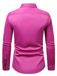 Manfinity Mode Men's Spring/Summer Solid Color Long Sleeve Casual Work Shirt, Fall - Hot Pink - View 2