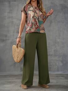 EMERY ROSE Women's Paisley Print Pattern Shirt And Solid Color Trousers Set - Multicolor - View 5