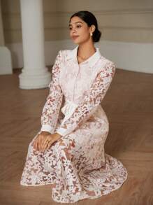 Aveloria Rosie Vestido de manga larga con cuello de parche, cintura ceñida, textura de tela floral con recortes, diseño elegante y exquisito