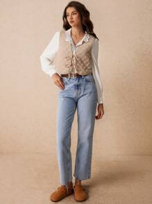 Poéselle Women's Khaki Vest With Lace-Up Padded Coat Vest Padded Coat Deep V Neck Sleeveless Diamond Plaid Textured Solid Color Simple Style Casual FashionWith Front Tied Belt, Daily Wear Fall Clothing Fall Jackets Vintage Jackets Quilted Vests Boho - Khaki - View 4