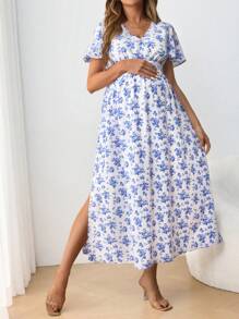 SHEIN Maternity Casual V-Neck Short Sleeve Flared Waist Tie Midi Dress With Side Slit
