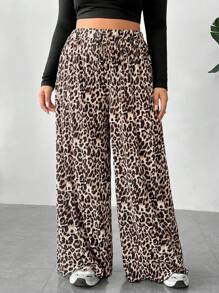 SHEIN EZwear سروال نسائي طويل واسع بمقاس زائد بخصر مطاطي، مزين بطبعات مختلطة من الفهد والزهور - متعدد الألوان - مشاهدة 5