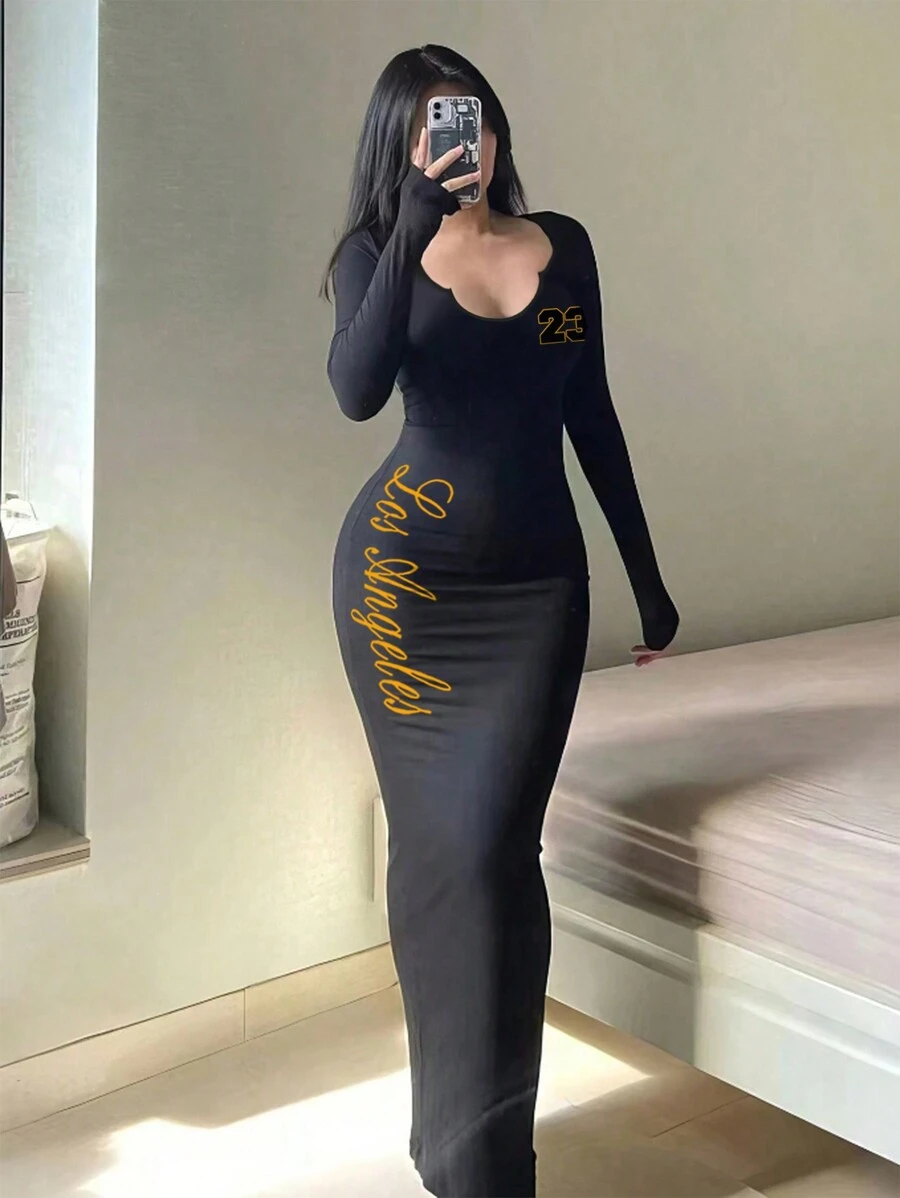 SHEIN SXY Women's Elegant Casual Letter & Numeric Pattern Knit V-Neck Long Sleeve Bodycon Dress, Suitable For Spring And Autumn And Winter Chic Dress - Black - View 1