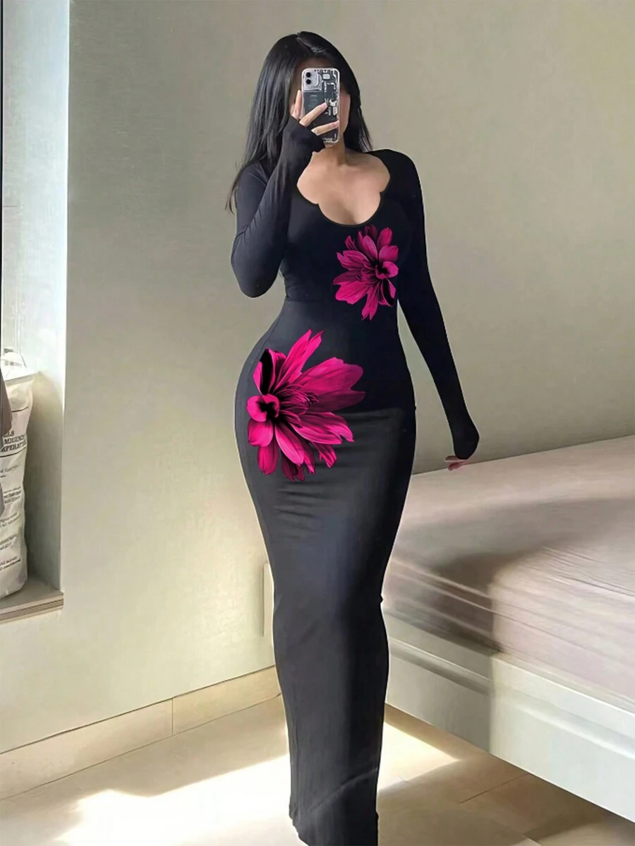 SHEIN SXY 女士优雅简约大花朵印花 V 领长袖修身针织连衣裙适合夏季 - 黑色 - 查看 1