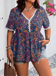 Flirla Plus Ditsy Floral Print Guipure Contrast Lace Blouse - Navy Blue - View 4