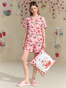 Strawberry Shortcake X SHEIN 女士草莓印花甜美睡衣套装，草莓蛋糕图案，粉色，翻领纽扣短袖上衣和短裤，夏季 - 粉色 - 查看 6