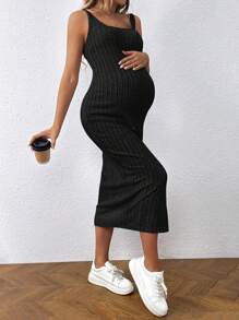 SHEIN Maternity Casual Ribbed Slit Tank Midi Dress Summer - Black - View 4