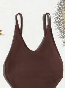 Swim SXY Women's Solid Brown Simple Daily Wear One-Piece Swimsuit Summer Beach - Brown - View 6