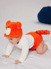 SHEIN 2pcs/Set Toddler Boys' Casual Cute Plush Warm Thick Tiger Hat And Shorts With 3D Tail For Photography Clothing And Props - Orange - View 5
