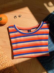 Comfortcana Camiseta de punto ajustada de mujer con rayas de colores