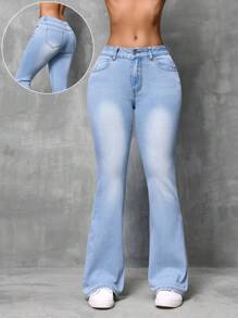 SHEIN SXY 女士拉鍊開口喇叭褲 - 淺色水洗藍 - 查看 2
