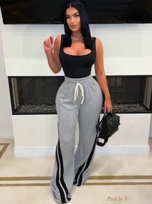 女士休闲宽松直筒抽绳腰拼色运动裤，夏季 - 灰色 - 查看 1