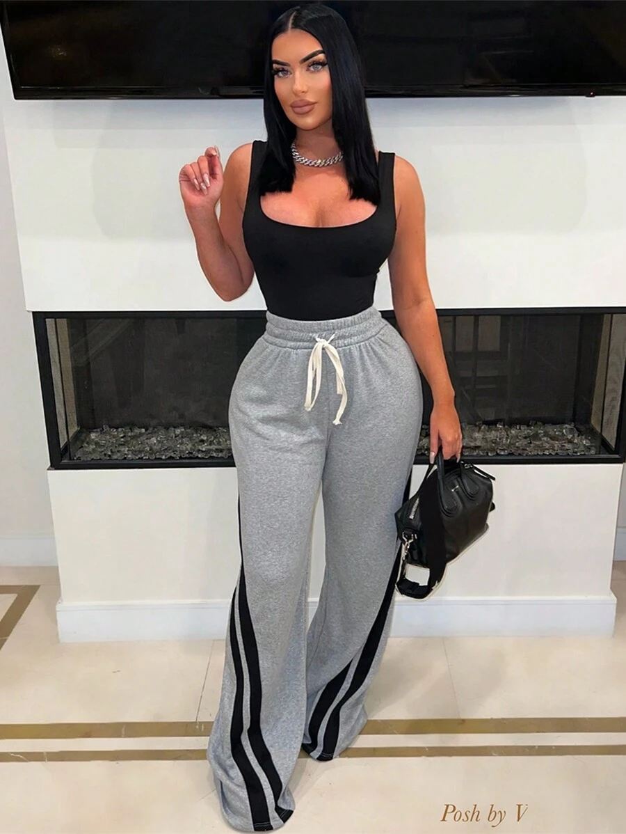 女士休闲宽松直筒抽绳腰拼色运动裤，夏季 - 灰色 - 查看 1