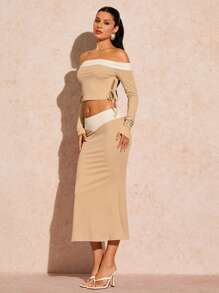 Glamine Knitted Ribbed Color Block Bandeau Top & Long Skirt Set Fall Cloth For Women