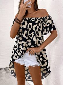 SHEIN LUNE Camisa de mujer de hombros descubiertos con estampado de leopardo, top con bajo asimétrico y alto bajo para mujer