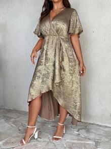 SHEIN Unity 夏季金屬交叉領蝴蝶袖裝飾包身連衣裙 - 金色 - 查看 7