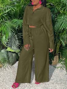 Slaydiva Setelan Wanita 2 Potong Atasan Crop Lengan Panjang Putih Longgar Kasual dan Celana Longgar -Z - Hijau Tentara - View 5