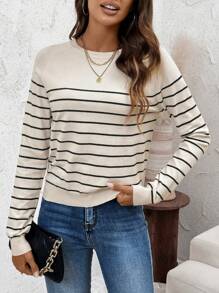 SHEIN LUNE Women's Striped Casual Comfortable Knitted Sweater With Round Neckline, Summer In Fall/Winter - Multicolor - View 1