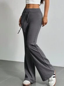 SHEIN EZwear Drawstring Waist Flare Leg Sweatpants - Dark Grey - View 3