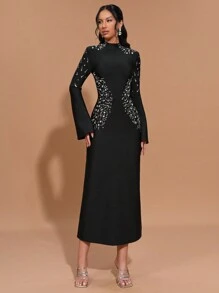 Rochie de seară formală pentru femei Modphy, cu mânecă lungă și model bandaj, de vară nouă, pentru femei - Negru - Vizualizare 4