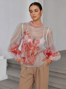 GENKIRA Áo sơ mi dài tay xuyên thấu Organza in ngẫu nhiên theo phong cách tối giản thời trang - Nhiều màu - Xem 4