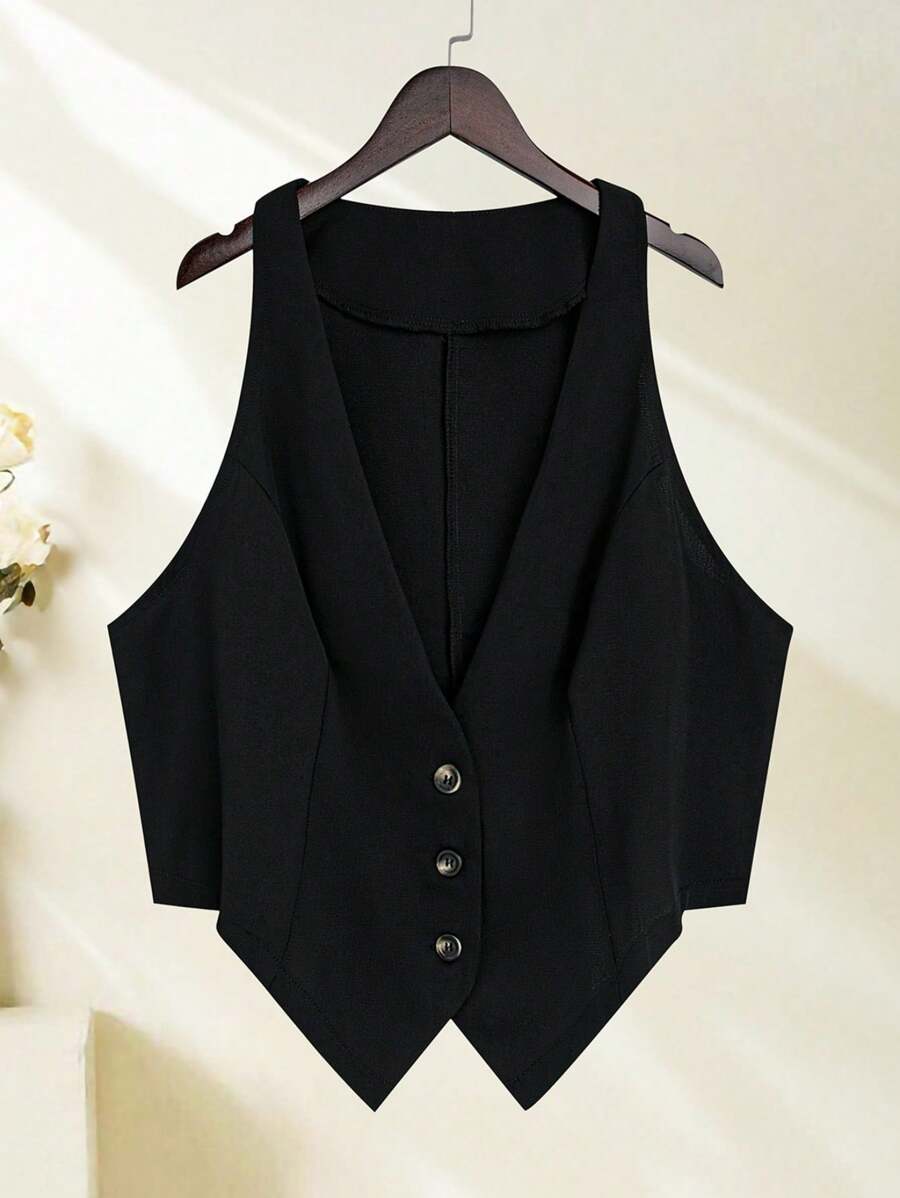 SHEIN LUNE Áo khoác vest viền bất đối xứng một bên ngực màu trơn mùa hè dành cho nữ - màu đen - Xem 1