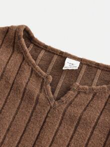 SHEIN Leap Crew Tween Girls' Academy Casual Long Sleeve Knit Rib Plain Tee & Foldover Pants Set - Brown - View 3