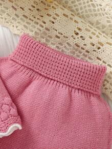 Pink Baby Girls' Sweater Set, Cute Bowknot, Wavy Hem, Long Sleeve, High Neck, Belly Protection, Long Pants, Top And Bottom Two-Piece Set - Pink - View 3