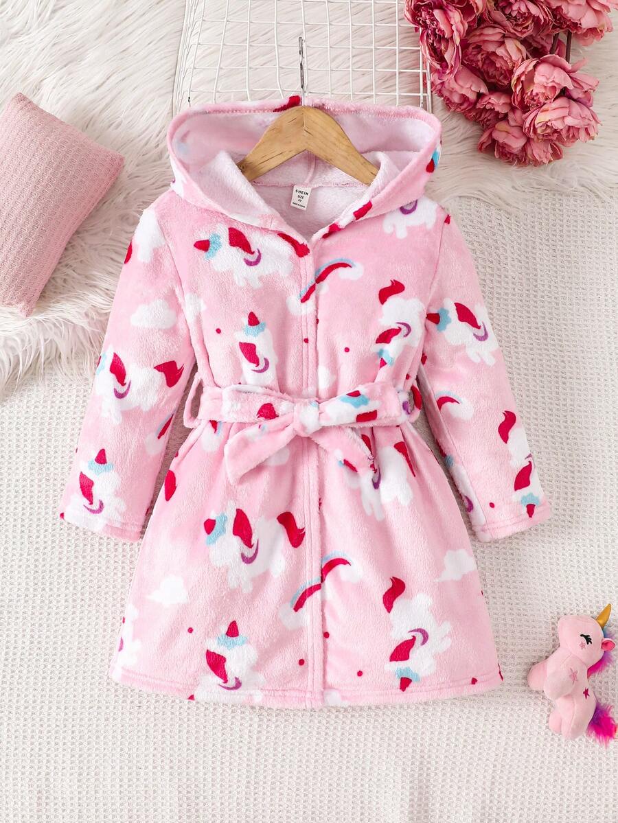 SHEIN Áo choàng vải nỉ ấm áp họa tiết kỳ lân hoạt hình dễ thương cho bé gái dài tay có mũ trùm đầu có thể tháo rời, mùa thu/đông - Hồng - Xem 1