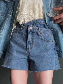 DAZY 女士純色休閒牛仔短褲，適用於日常穿著 - 藍色 - 查看 3