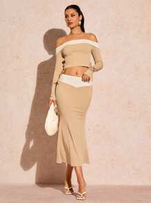 Glamine Knitted Ribbed Color Block Bandeau Top & Long Skirt Set Fall Cloth For Women