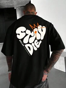 Manfinity EMRG 粉色男士街頭短袖T恤，火焰心形星星圖案，適合春夏季日常穿著 - 黑色 - 查看 1