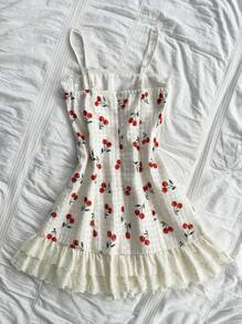 Soleia Women's Cherry Printed Vacation Dress With Positioning Lace & Ruffle Trim - Apricot - View 2