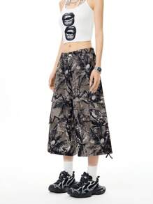 SHEIN EZwear Y2K炫酷街頭風格女款迷彩印花低腰寬鬆長/短褲 - 軍綠色 - 查看 3