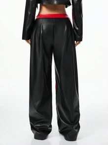 Muchica Quần Biker nữ, Quần xe máy PU phối màu cổ điển, Quần dài eo thấp Y2K, Thời trang dạo phố - màu đen - Xem 2