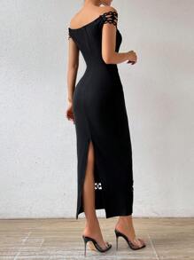 Chiquease 女士夏季露肩短袖修身长裙蕾丝花边拼接超长女装 - 黑色 - 查看 2