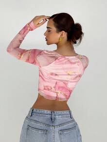 Aloruh Women's Marble Printed Swan Neck Long Sleeve Asymmetrical Hem T-Shirt Long Sleeve Top - Multicolor - View 2