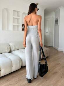 Aloruh Women Solid Color Strapless Tie Front Split Side Tube Top And Pants Set, Casual Everyday Wear - Light Grey - View 2