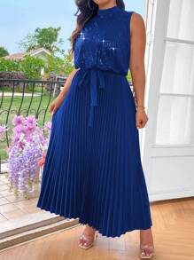 Celure Plus Size Women's Elegant Patchwork Sequin Stand Collar Pleated Hem Summer Dress