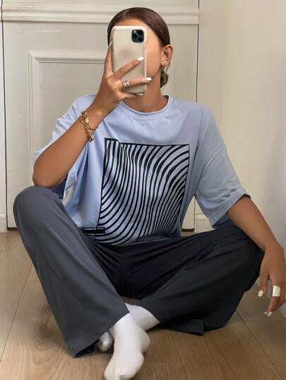 Livesso 簡約印花寬鬆T恤和睡衣套裝，適用於家居