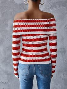 SHEIN Essnce Women's Striped Print Off Shoulder Long Sleeve Knitted Sweater - Red and White - View 2