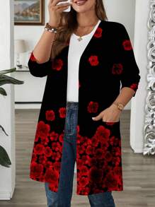 EMERY ROSE 大尺碼女士優雅玫瑰圖案寬鬆長袖針織外套，輕巧外套，適用於秋季