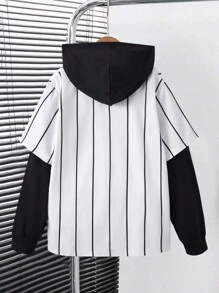SHEIN Tween Boy Striped Patchwork Long Sleeve Letter Printed Button-Up Jacket. Daily Casual - Black and White - View 2