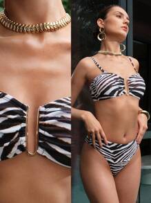 MOTF PREMIUM SUMMER BEACH ZEBRA STRIPED RUCHED BUST BIKINI - Black and White - View 1