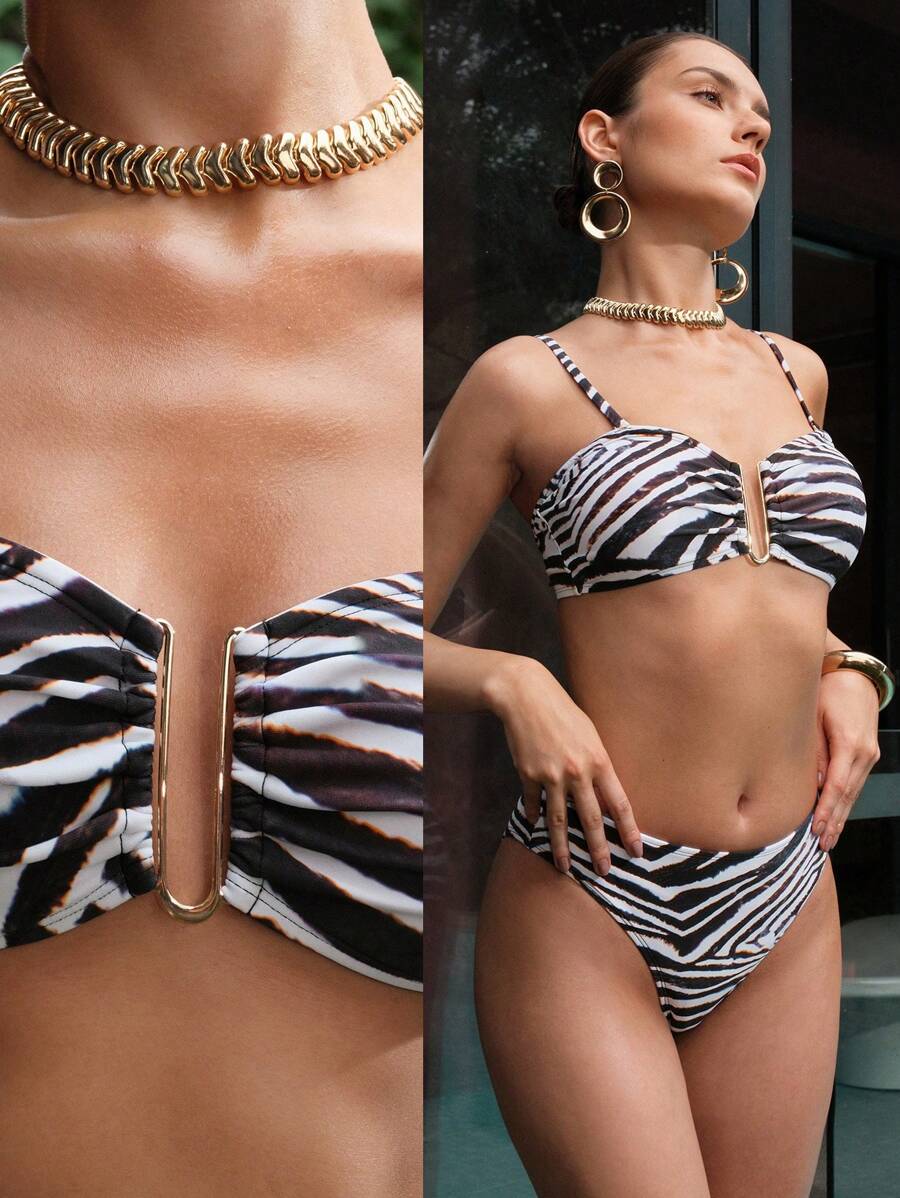 MOTF PREMIUM SUMMER BEACH ZEBRA STRIPED RUCHED BUST BIKINI - Black and White - View 1